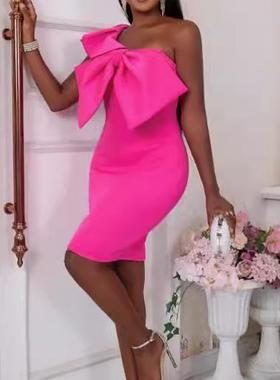 Summer Dress Women Short Puff Sleeve rose color  Fashion 2xl