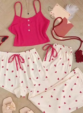 Women's Pit Strip Strap+Shorts+Pants Pajama Set女睡衣三件套