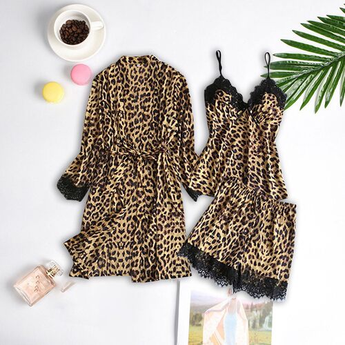 Leopard print slip dress 4-pieceSet豹纹蕾丝边吊带裙浴袍4件套