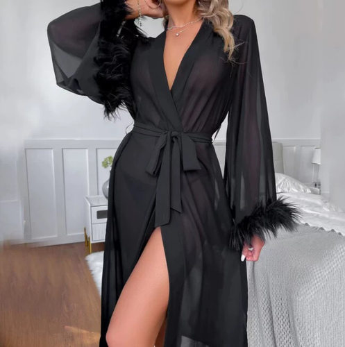 Women's sexy lingerie long sleeved lace long nightgown女睡袍