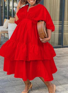 big size fat plus Dresses Women Dress V neck Loose Red 2024