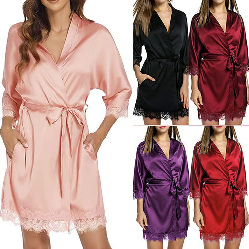 Women lace nightgown, simulated silk bathrobe女蕾丝睡袍浴袍