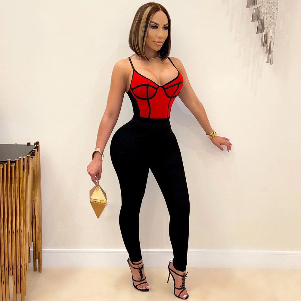 sexy See-through jumpsuits 欧美风性感修身吊带夏连体裤女2024