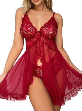 Sexy lingerie seductive lace transparent pajama dress set