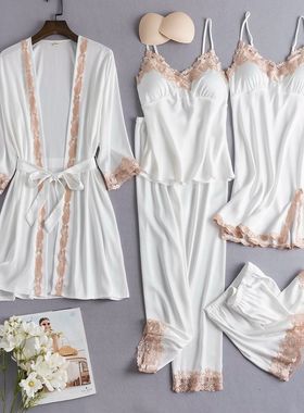 Women's five piece nightgown set with chest cushion睡衣套装