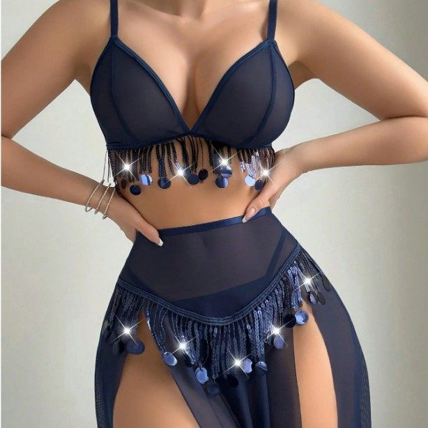 Women's sexy lingerie mesh fringe bra+long skirt set女睡衣