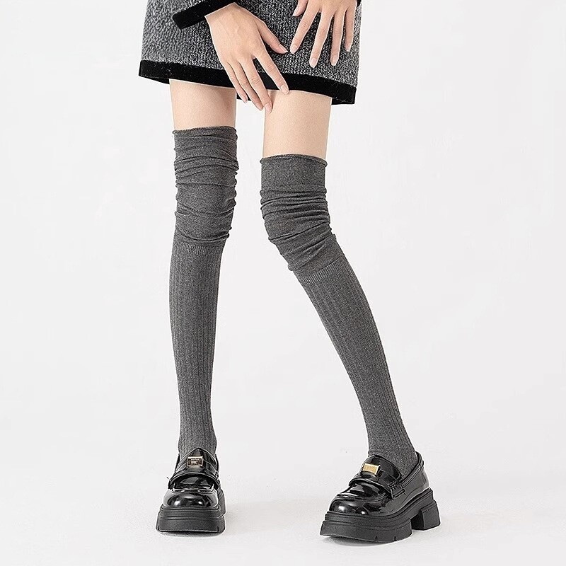 灰色过膝袜女秋冬日系长筒拼接堆堆高筒长袜护膝竖条纹大腿jk袜子