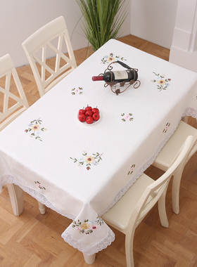 丝带绣花台布花桌布纯色棉麻布方形盖布长方形茶几布轻奢中式餐桌