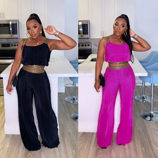 爆款欧美修身压褶拼接织带纯色中腰阔腿两件套装3XL无袖夏季长裤