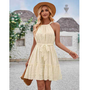 欧美度假风夏季女装新款连衣裙外贸纯色休闲挂脖无袖绑腰A字短裙