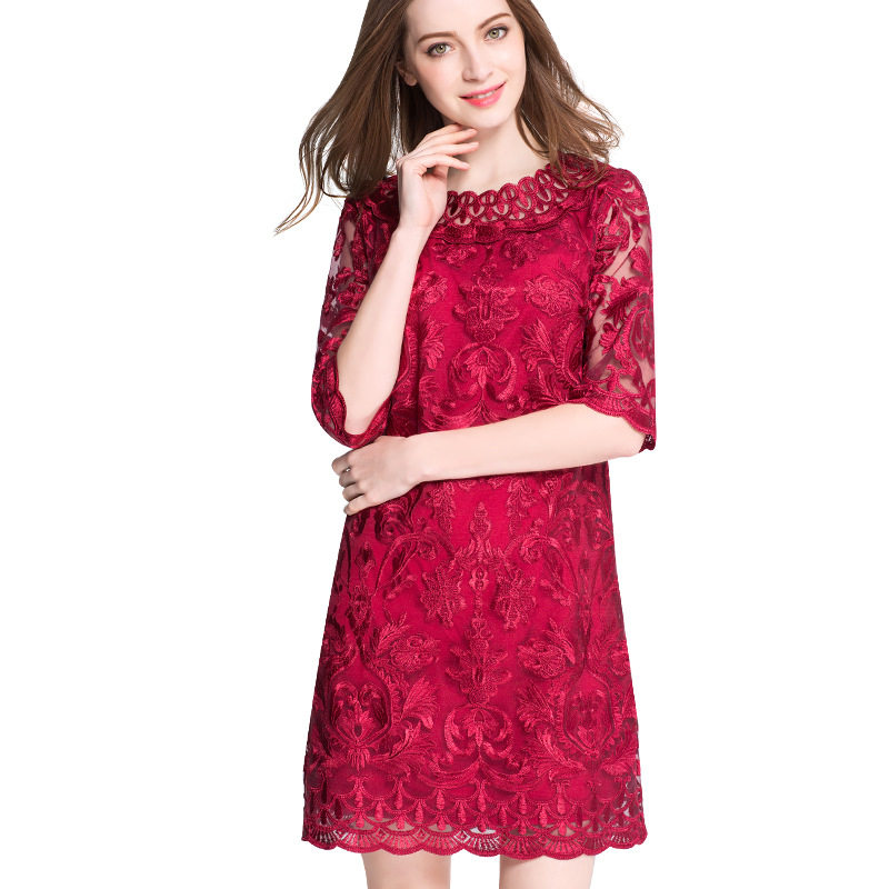 200斤加大码女装连衣裙春秋装宽松刺绣蕾丝裙胖mm酒紅色礼服女5XL
