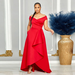 欧美女装夏性感修身纯色一字肩无袖大裙摆连衣裙3XL跨境新款长裙