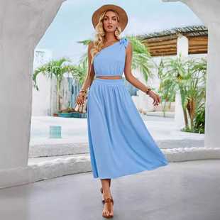 夏季新款女装时尚热卖露脐甜美清新风纯色斜肩收腰休闲度假套装裙