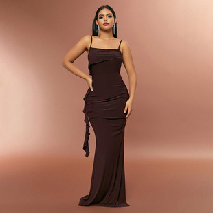 春夏薄款欧美女装时尚气质连衣裙XS流苏缩褶露背显瘦吊带纯色长裙