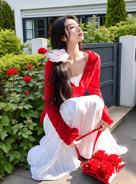 韩系温柔甜美套装裙女春季新款红色开衫+白色吊带长裙两件套