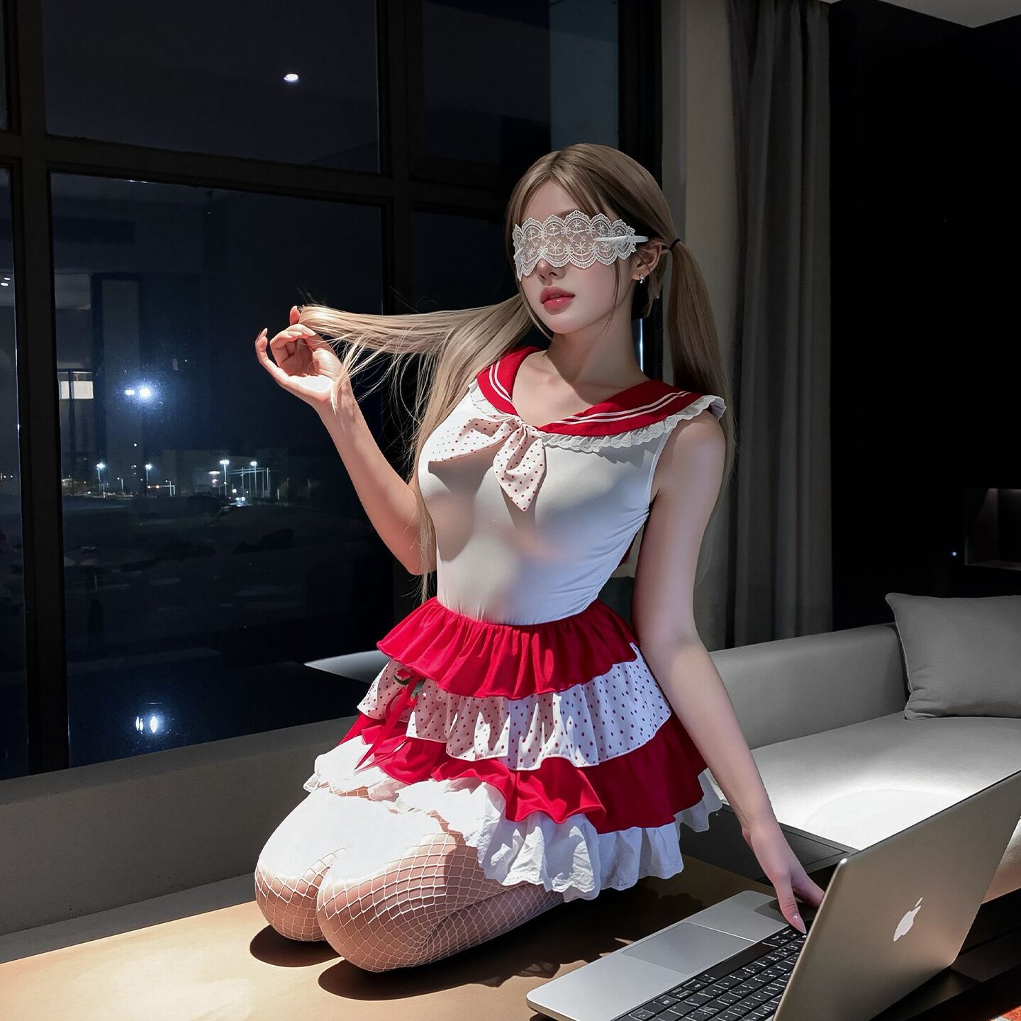 家居服泳衣女感度假风条纹挂脖比基尼分体蕾丝花边蛋糕裙式三件套图片