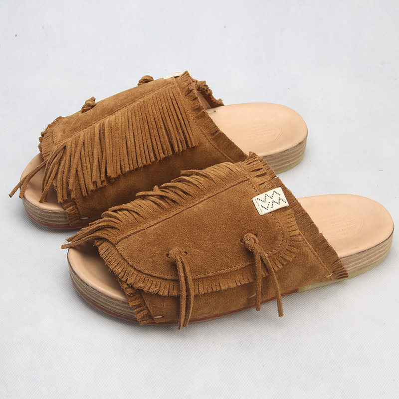 visvim cantq厚底增高流苏真皮鞋底拖鞋潮牌男一字拖外穿鞋子凉鞋