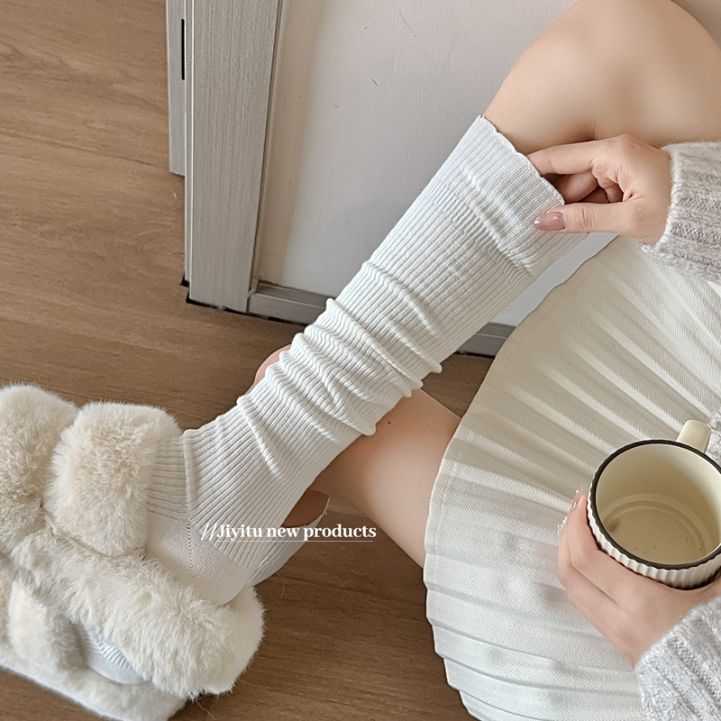 韩版白色细条纹花边小腿袜