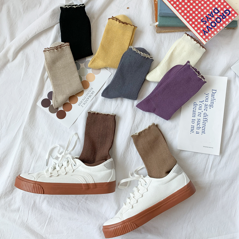 记忆兔中筒袜子女花边纯棉夏