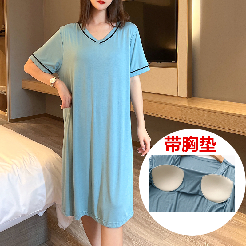 带胸垫睡裙女莫代尔连衣裙V领家居睡衣裙家居服宽松大码过膝a字裙 女士内衣/男士内衣/家居服 睡裙 原图主图