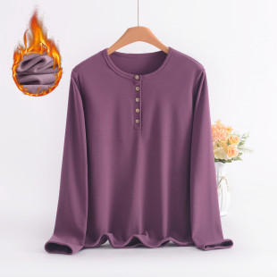 秋衣保暖上衣 秋冬加绒加厚内搭大码 德绒长袖 T恤女圆领纽扣打底衫