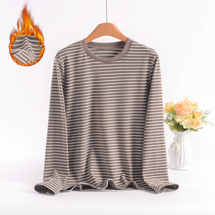 T恤加绒薄秋衣内搭上衣 圆领长袖 2025秋冬新款 德绒女士条纹打底衫