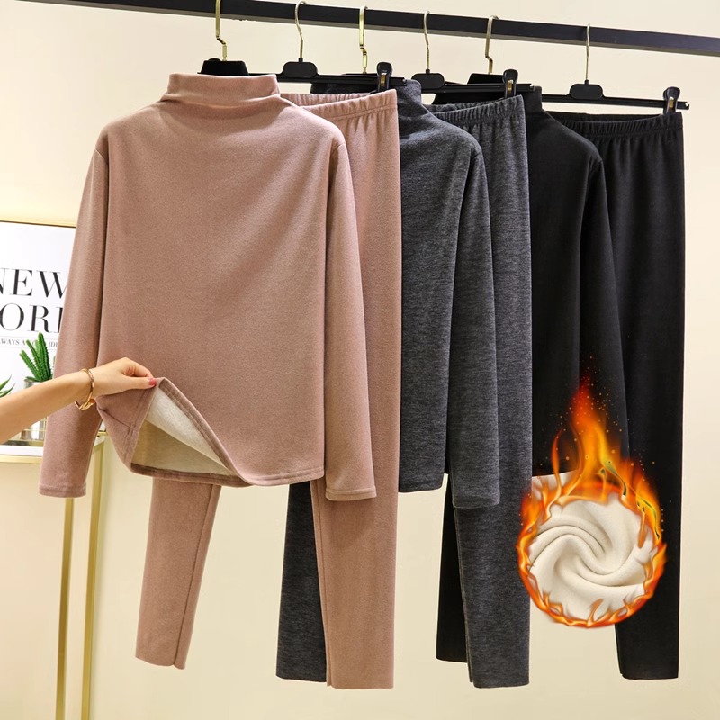 德绒冬季加绒半高领套装两件套