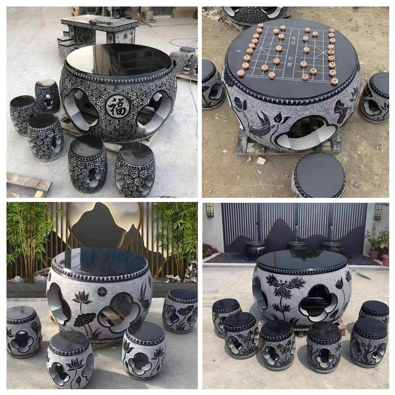 石雕石桌石凳青石庭院圆桌椅一套花园茶桌天然大理石桌子户外摆