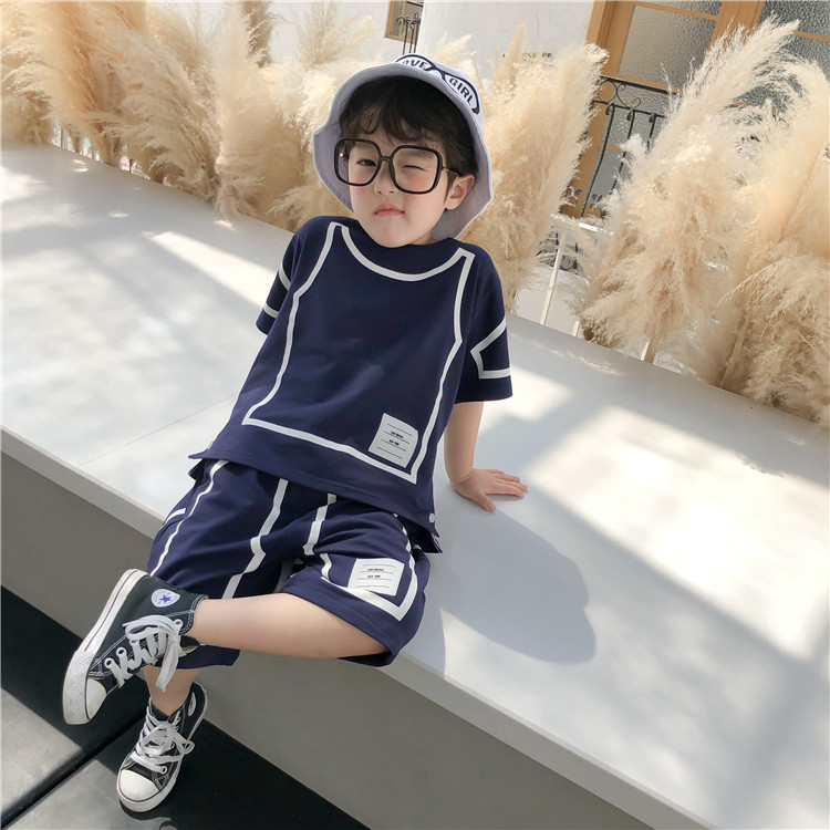 男童夏套装2026春季儿童新款三色织带儿童短袖T恤+裤子二件套潮