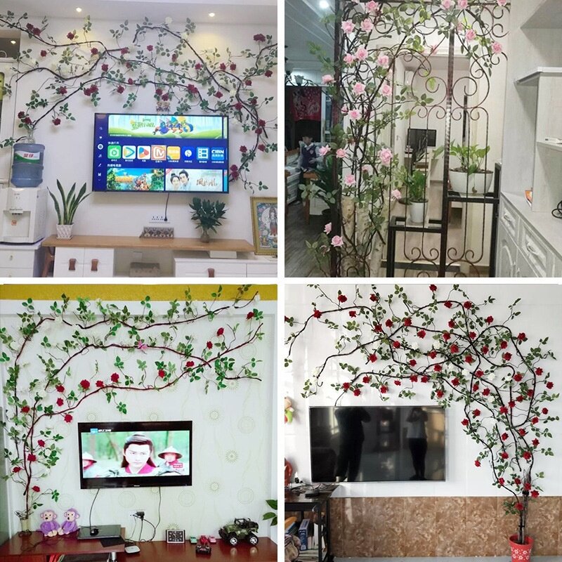 粉色仿真玫瑰藤条瀑布花墙装饰