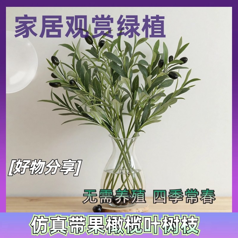 4叉仿真橄榄叶绿植带果橄榄枝绿色树枝家居装饰摄影道具观赏植物