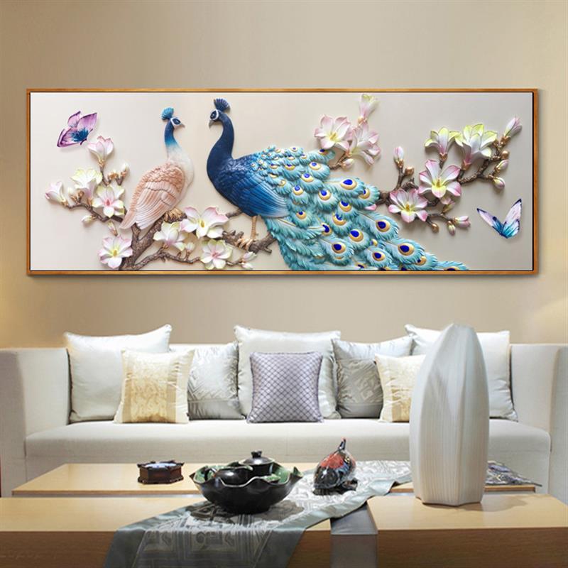 新中式客厅装饰画横幅沙发背景墙壁画卧室床头画牡丹孔雀大气挂画图片