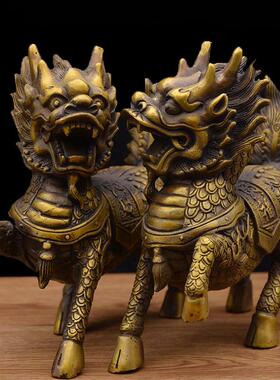 全黄铜大号麒麟一对家居客厅玄关博古架电视柜办公室店铺商铺摆件