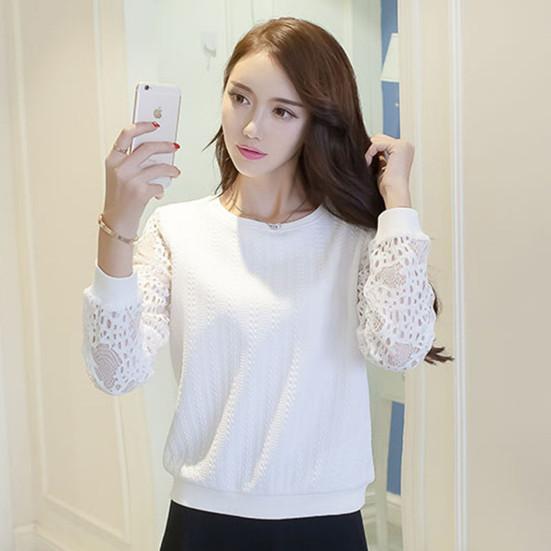 白色打底衫女2021秋冬新款韩版小个子洋气卫衣纯色内搭加绒蕾丝衫