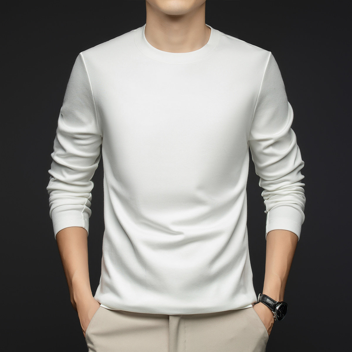 2025新款莫代尔长绒棉长袖T恤男春秋高级感圆领白色体恤打底衫男