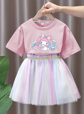 女童短袖裙子套装洋气公主裙中小童纱裙女孩夏装裙子韩版两件套潮