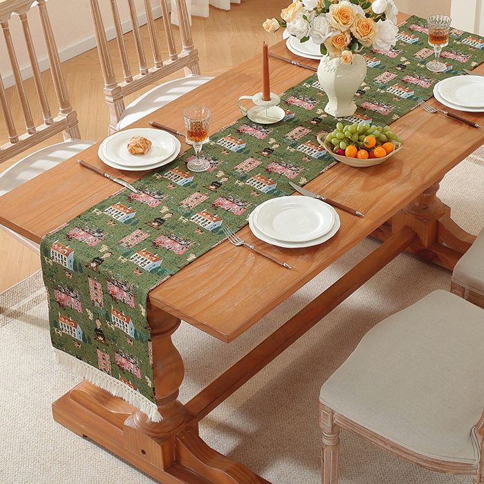 绿色卡通人物房子长条餐桌布仿棉麻茶席餐垫床尾巾装饰桌旗氛围感