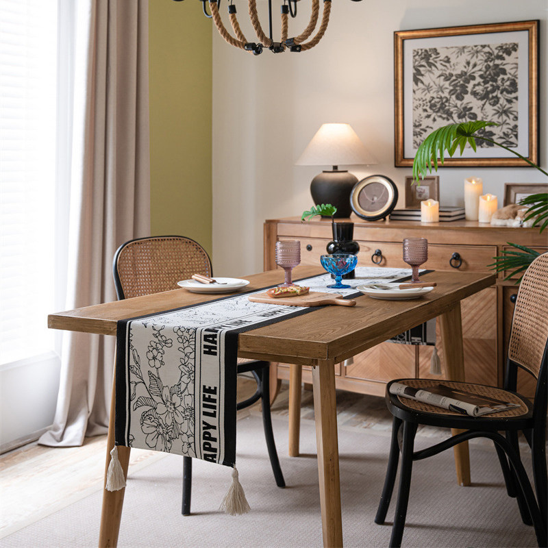 黑色花朵桌旗美式时尚餐边柜旗布艺茶几电视柜盖布长条桌布床尾巾