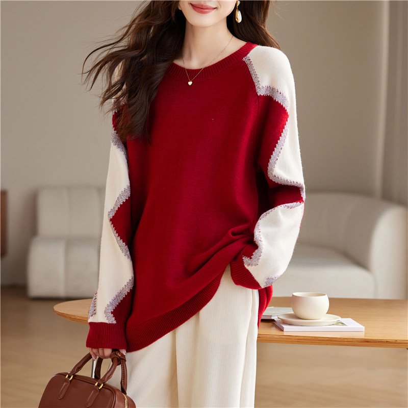 新年流行插肩袖红色毛衣女春秋大码胖mm宽松中长款慵懒针织衫上衣