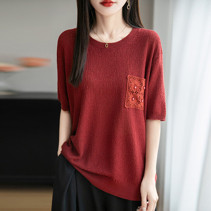 圆领针织衫短袖t恤女2025新款妈妈夏季宽松气质减龄半袖冰丝上衣