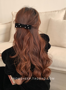 黑色丝绒珍珠发夹女后脑勺蝴蝶结发卡头饰高级半扎发弹簧夹子发饰