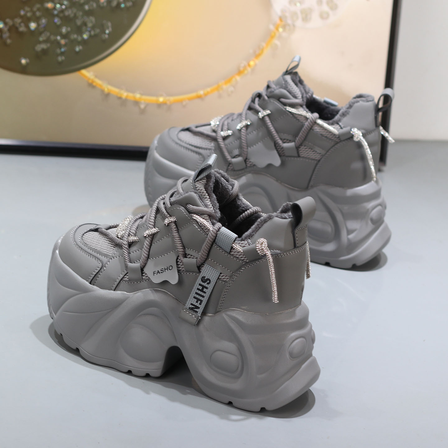 棉鞋女厚底松糕坡跟小个子老爹鞋