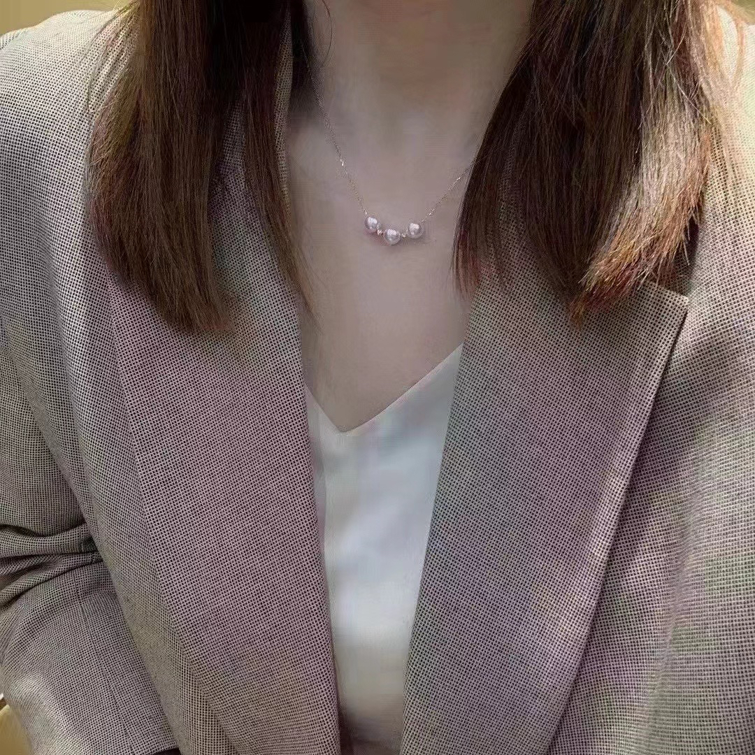 MIKIMOTO/御木本海水akoya7-8mm正圆强光几乎无暇三珠微笑18k金链