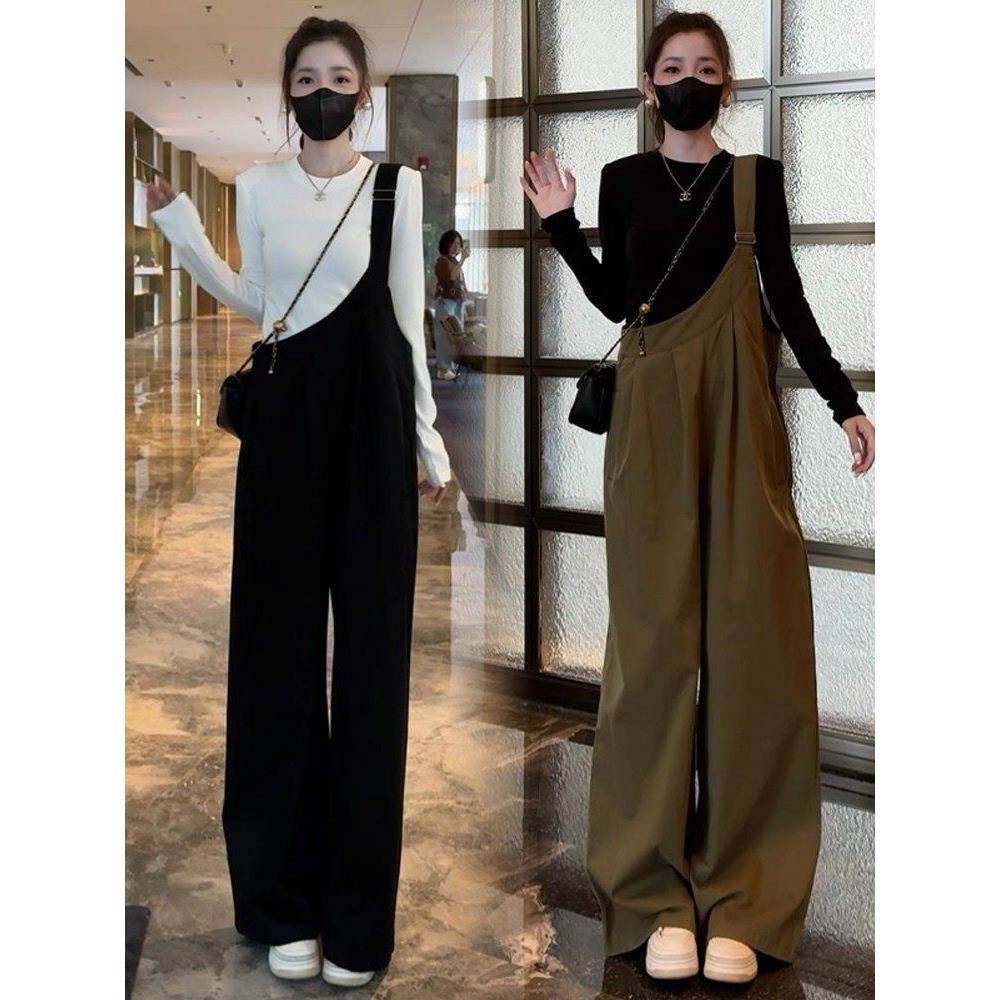 香港代购时尚工装背带裤套装女秋季新款显瘦长袖连体阔腿裤两件套