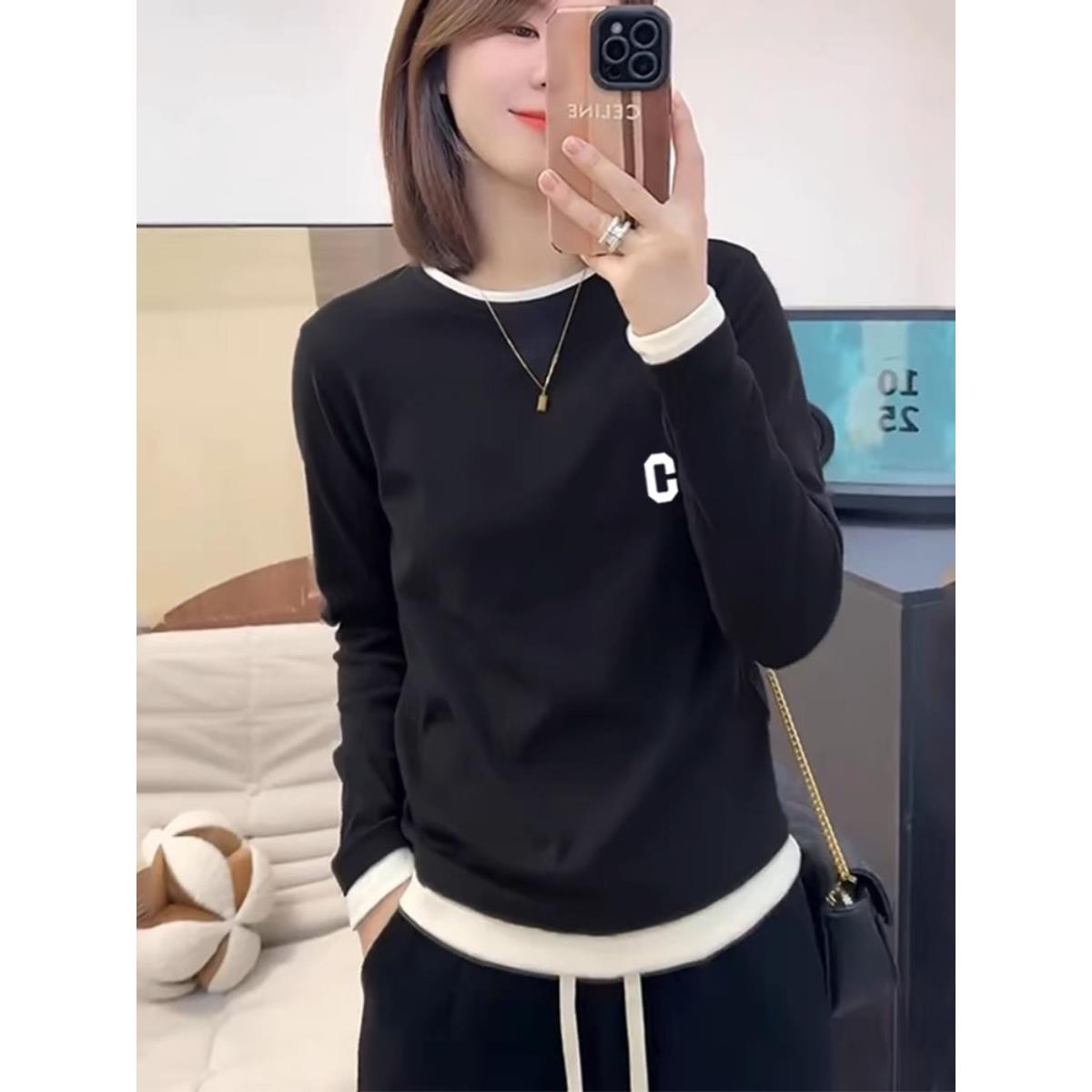 韩国2025春秋德绒磨毛假两件长袖t恤女设计感小众内搭打底衫冬季