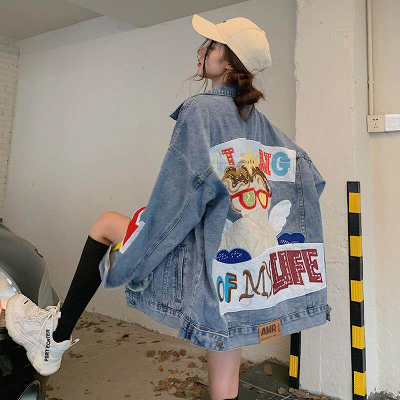 蓝色牛仔外套女春秋新款宽松显瘦中长款bf原宿风复古夹克上衣