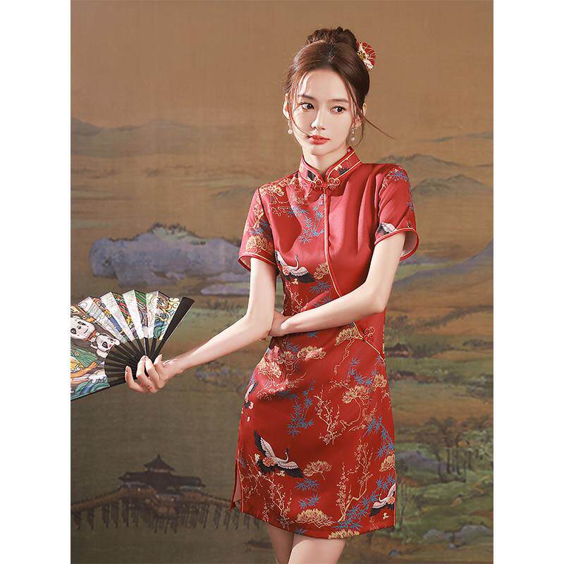 国潮红色旗袍女2026年夏季新款复古改良年轻款小个子短款连衣裙薄