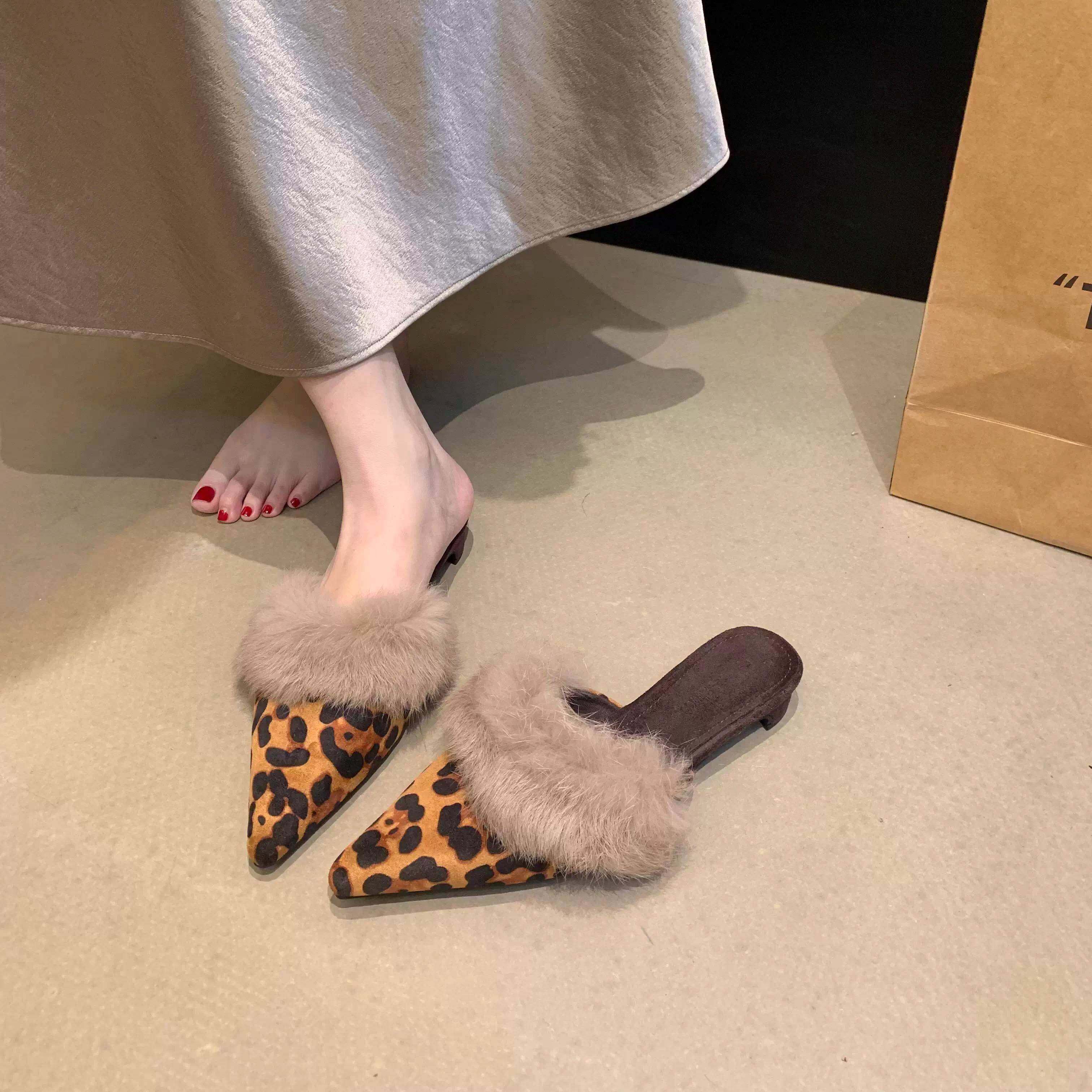 潮牌高级感尖头豹纹毛毛半拖鞋女低跟气质外穿一脚蹬懒人穆勒鞋冬,女鞋,包头拖,淘宝优惠券,粉丝福利购,淘宝优惠卷