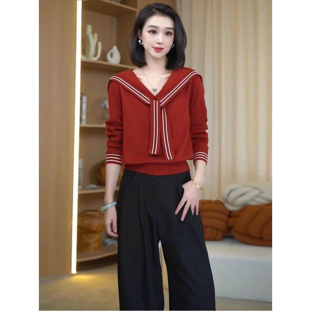 香港代购时尚海军领披肩针织衫女秋新款宽松长袖上衣内搭打底毛衣