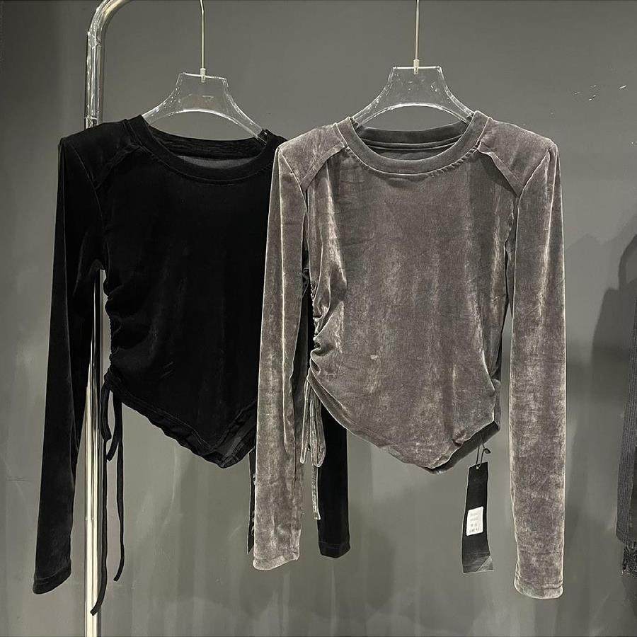 韩国不规则圆领长袖T恤女春秋新款设计感修身金丝绒抽绳短款上衣